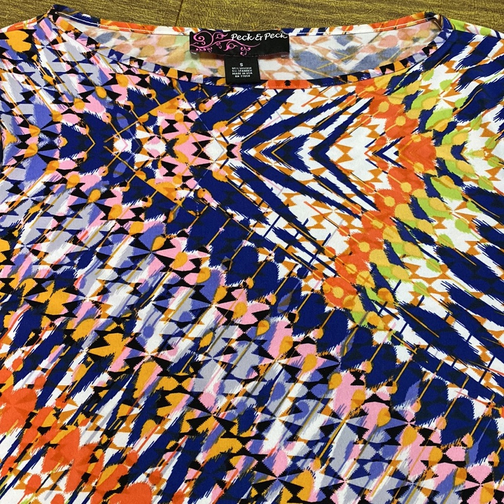Peck and Peck Size S Orange Blue Colorful Stretch Top Shirt